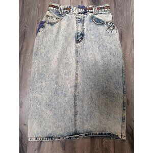 Vintage Gitano Acid Wash Denim Midi Skirt Multicolor Aztec Tribal Size 12 Modest